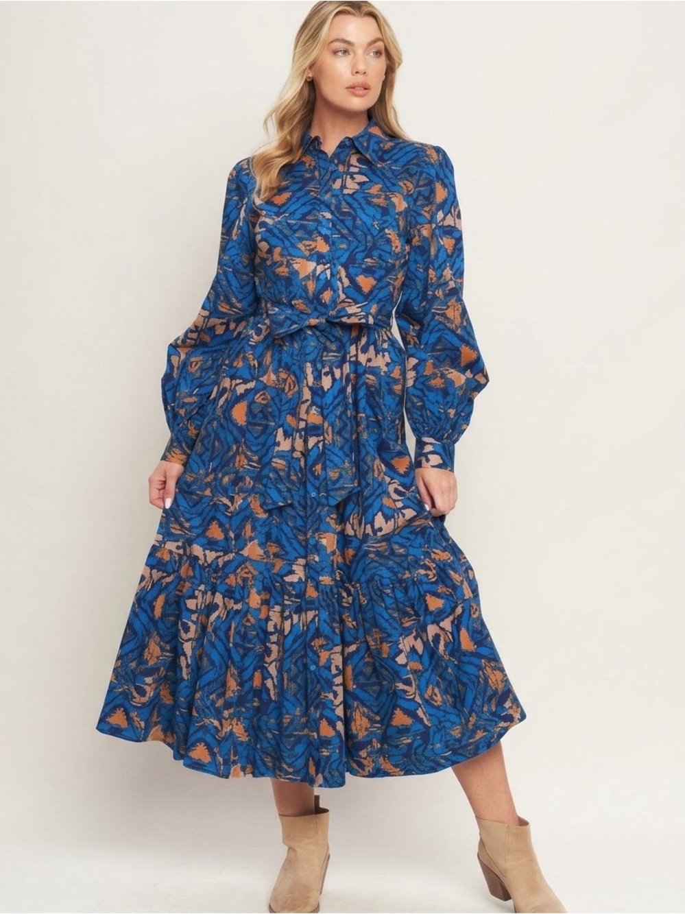 Flying Tomato Long Sleeve Tiered Midi Dress Teal Blue Abstract Size Small